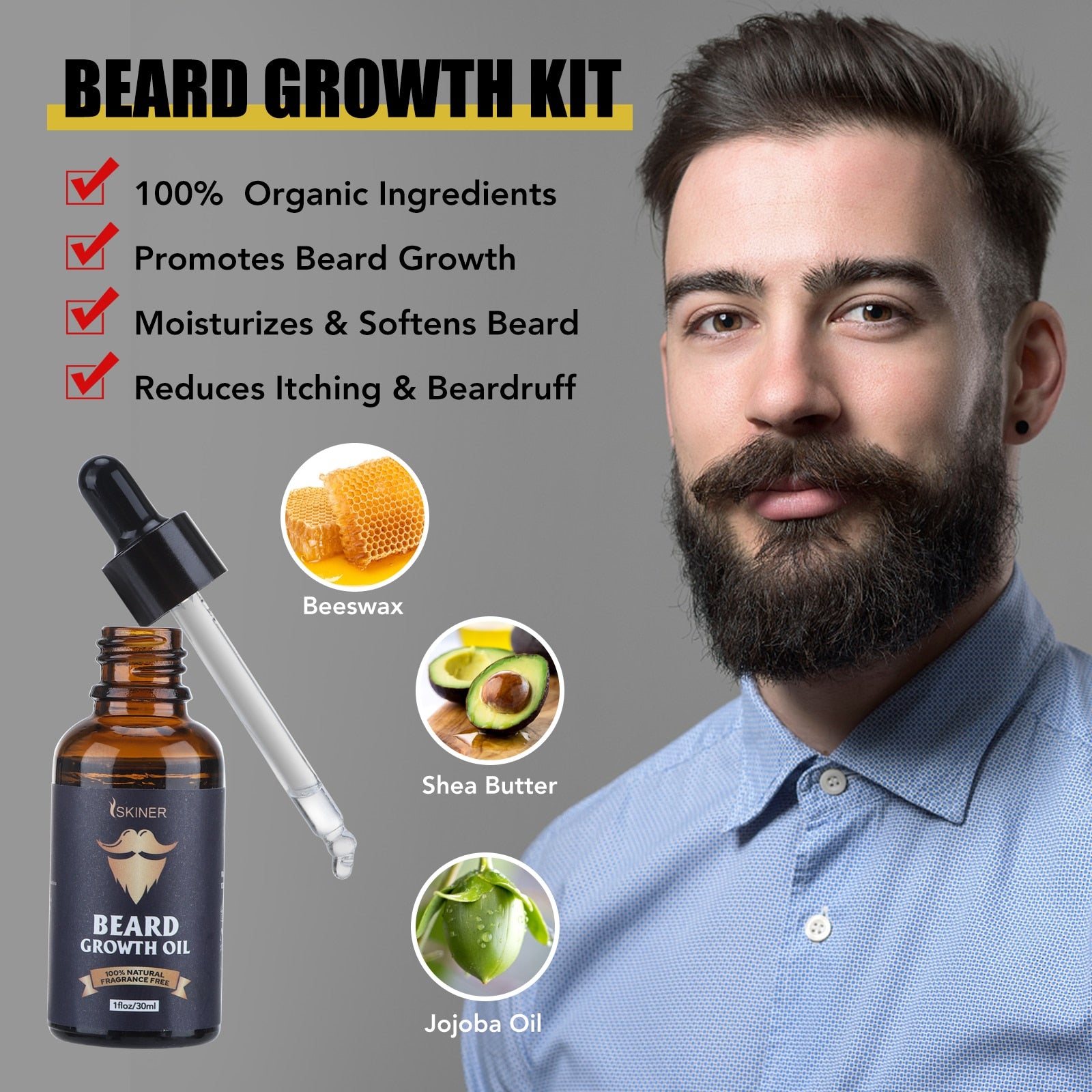 SKINER 5pcs The Men Beard Oil Growth Kit - HAB - Hair And Beauty