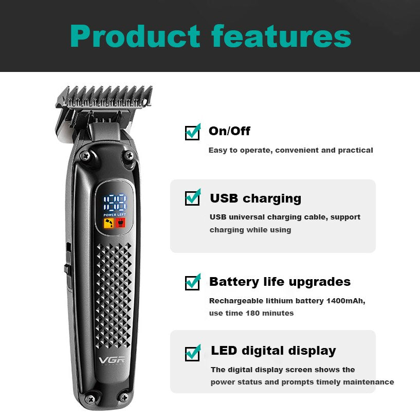 VGR V-972 Engraved Hair Trimmer LCD Digital Display - HAB - Hair And Beauty