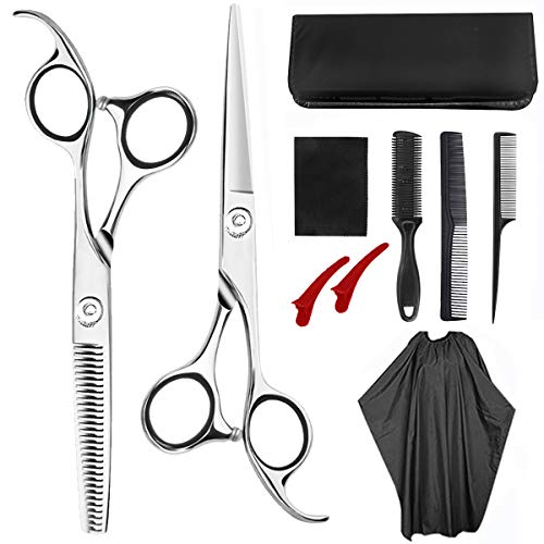 Professional Hair Cutting Scissors 9 PCS 6.7inch Barber Thinning Scissors Hairdressing Shears Stainless Steel Hair Cutting Shears Set with Cape Clips Comb for Barber Salon and Home Black - HAB 