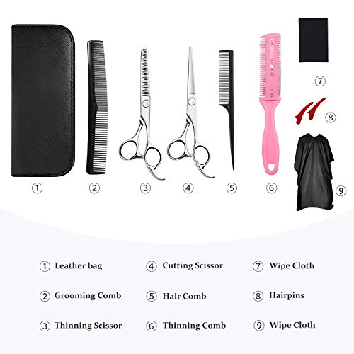 Professional Hair Cutting Scissors 9 PCS 6.7inch Barber Thinning Scissors Hairdressing Shears Stainless Steel Hair Cutting Shears Set with Cape Clips Comb for Barber Salon and Home Black - HAB 