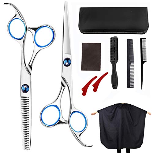 Professional Hair Cutting Scissors 9 PCS 6.7inch Barber Thinning Scissors Hairdressing Shears Stainless Steel Hair Cutting Shears Set with Cape Clips Comb for Barber Salon and Home Black - HAB 