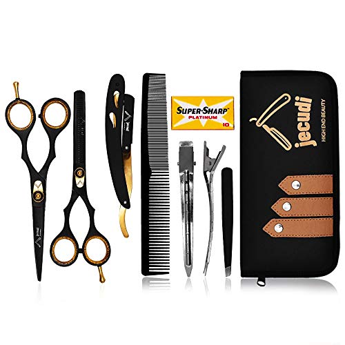 Hair Cutting Scissors - Jecudi Professional Barber Hair Scissors Set - 6.5" Japanese Stainless Steel - Includes Cutting, Thinning Shears, Tweezer, Razor, 10 Blades, Comb, Clips, In Gift Case - HAB 