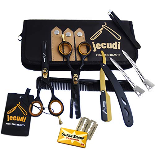 Hair Cutting Scissors - Jecudi Professional Barber Hair Scissors Set - 6.5" Japanese Stainless Steel - Includes Cutting, Thinning Shears, Tweezer, Razor, 10 Blades, Comb, Clips, In Gift Case - HAB 