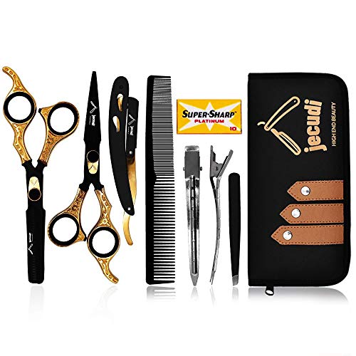 Hair Cutting Scissors - Jecudi Professional Barber Hair Scissors Set - 6.5" Japanese Stainless Steel - Includes Cutting, Thinning Shears, Tweezer, Razor, 10 Blades, Comb, Clips, In Gift Case - HAB 