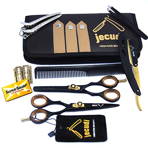 Hair Cutting Scissors - Jecudi Professional Barber Hair Scissors Set - 6.5" Japanese Stainless Steel - Includes Cutting, Thinning Shears, Tweezer, Razor, 10 Blades, Comb, Clips, In Gift Case - HAB 