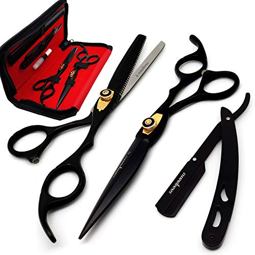 Saaqaans MSS-04 Stylish Haircut Scissors Set - Hair Cutting Scissor for Barber/Hairdresser/Hair Salon + Texture/Thinning Hairdressing Shear for Beautician + Straight Edge Razor + 10 Blades with Case - HAB 