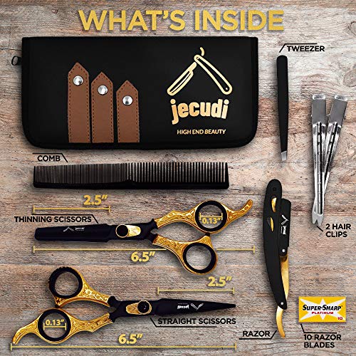 Hair Cutting Scissors - Jecudi Professional Barber Hair Scissors Set - 6.5" Japanese Stainless Steel - Includes Cutting, Thinning Shears, Tweezer, Razor, 10 Blades, Comb, Clips, In Gift Case - HAB 