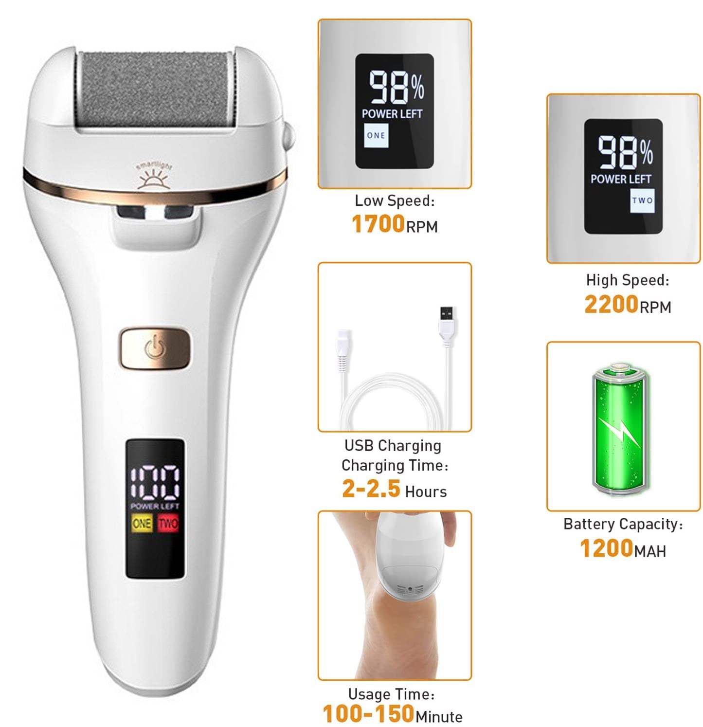 Electric Hard Skin Remover, Rechargeable Foot File, Waterproof Grinder with Light for Dry, Dead and Cracked Skin - HAB - Hair And Beauty