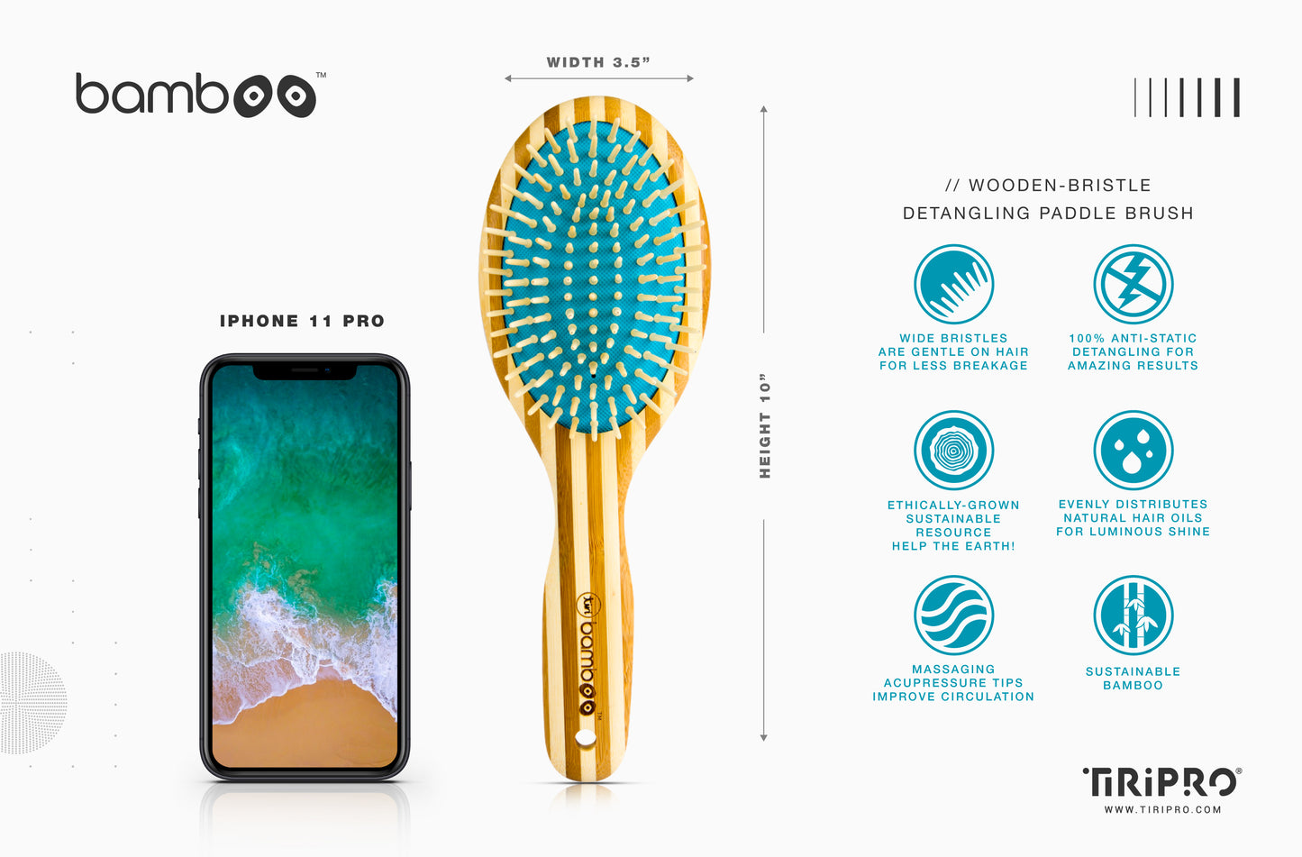 TiriPro Bamboo Hair Brush with Massaging Acupressure Bristles - HAB 