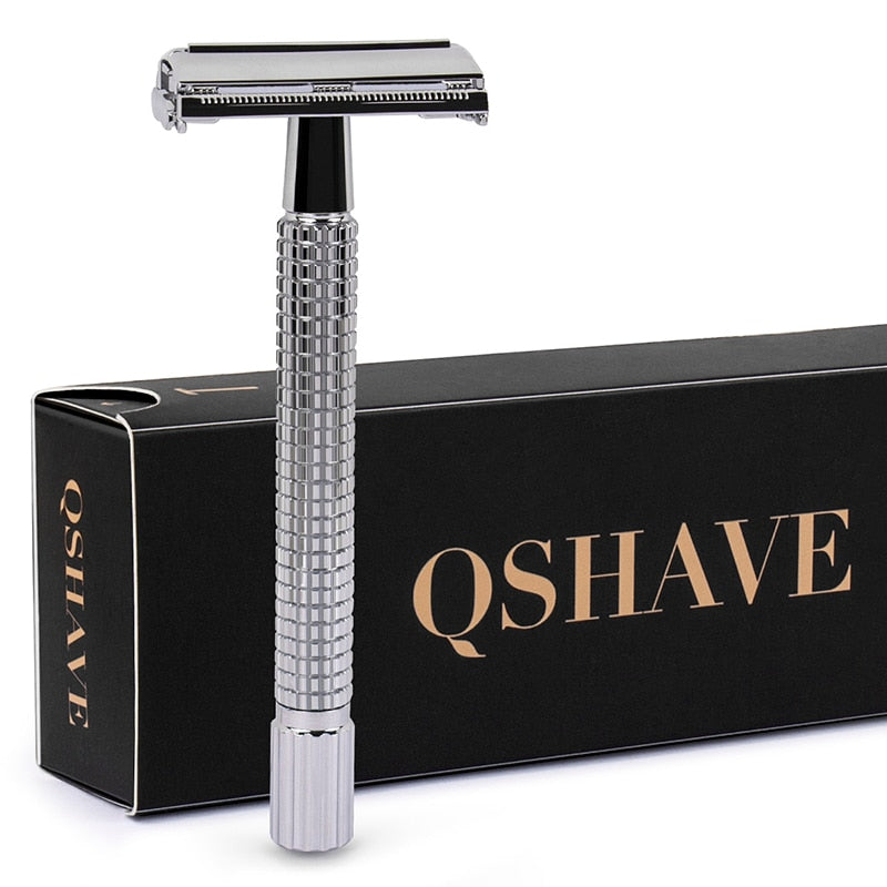 Qshave Double Edge Safety Razor Long Handle Butterfly Open Classic Safety Razor silver color, 1 Handle & 5 blades - HAB 