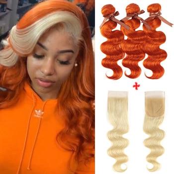 Beumax Blonde Body Wave Bundles With Closure Orange Brazilian Hair - HAB 