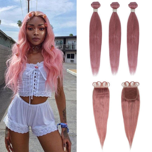 Beumax Bundles With Closure Straight Pink Blonde Human Hair Bundles - HAB 