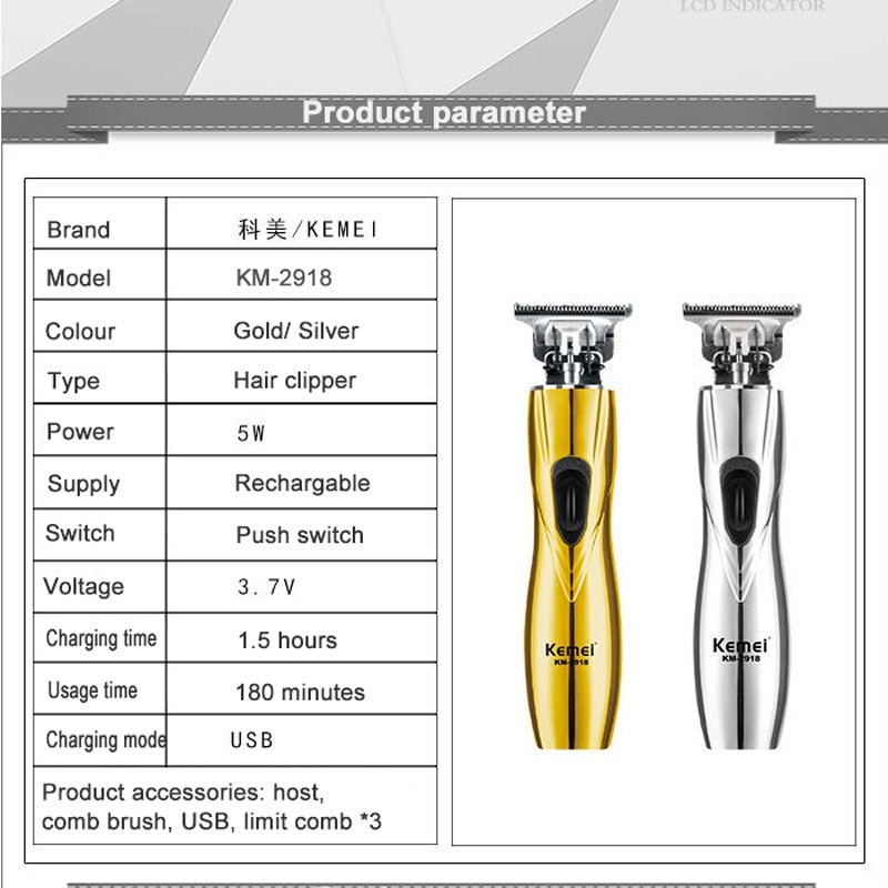 Kemei New Professional Cordless Hair Trimmer Hollow Design Carbon Steel Blade Hair Clipper Edge Cutting Hair Trimming Machine - HAB 