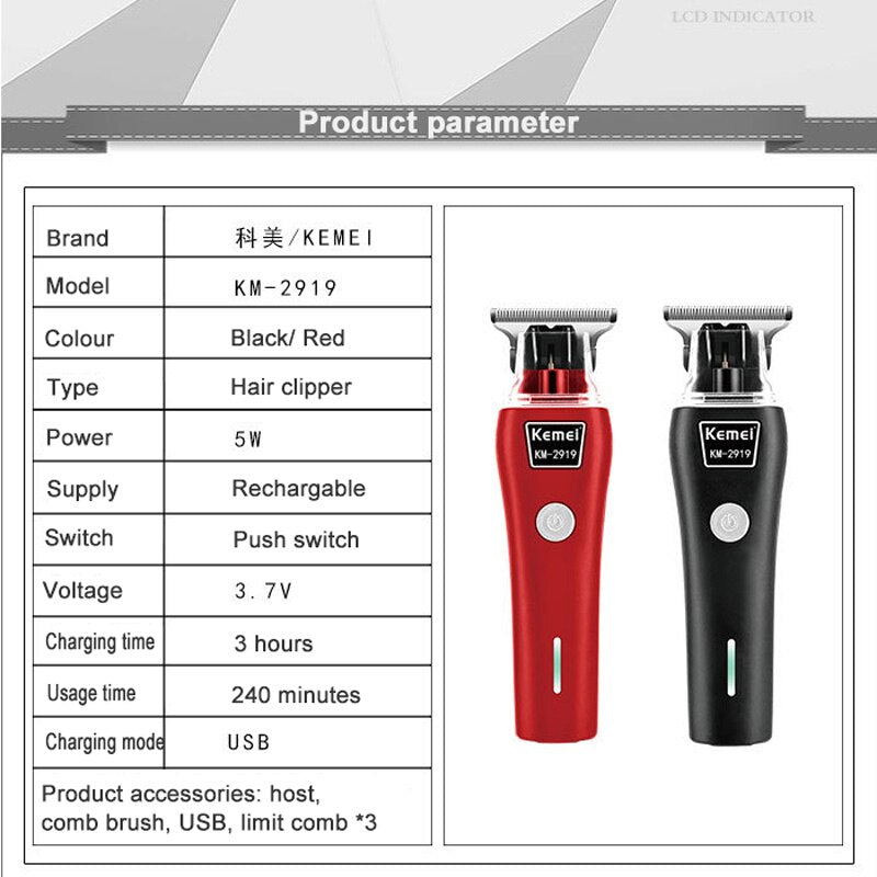 Kemei 2021 New Professional Cordless Hair Clipper T-Outliner Trimmer Shaver Cutting Machine Carbon Steel Blade Hair Clippers - HAB 