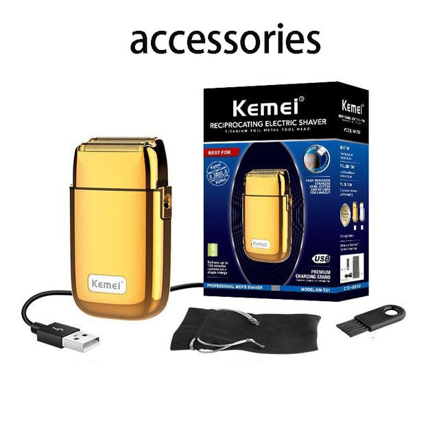 Kemei Pro Barberology Metal Double Foil Shaver Titanium Super Close Razor Cordless Zero Retractable Trimmer for Finishing Gold - HAB 