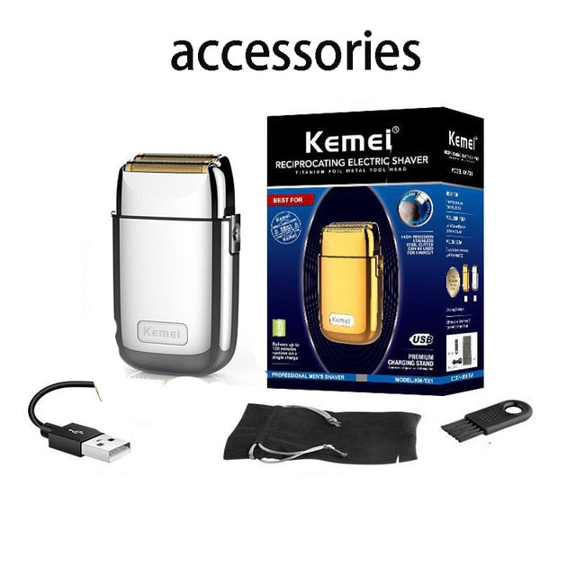 Kemei Pro Barberology Metal Double Foil Shaver Titanium Super Close Razor Cordless Zero Retractable Trimmer for Finishing Gold - HAB 