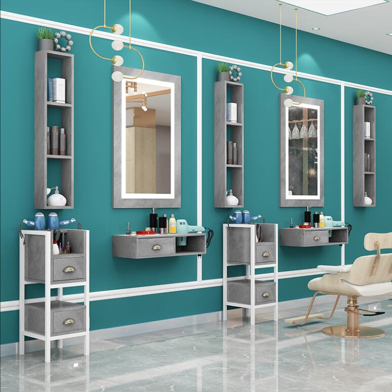 Hairdressing mirror wall-mounted solid wood cabinet one trendy style hair salon mirror LED lamp marble hot dyed mirror - HAB 